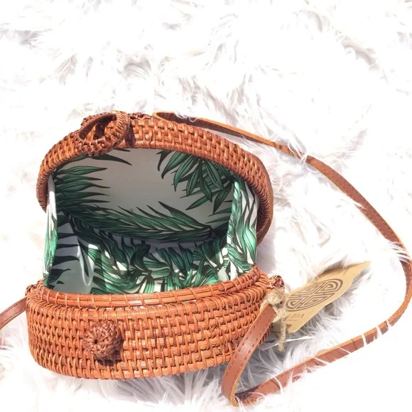 Woven Round Crossbody Bag in Tan - Picture 4 of 6